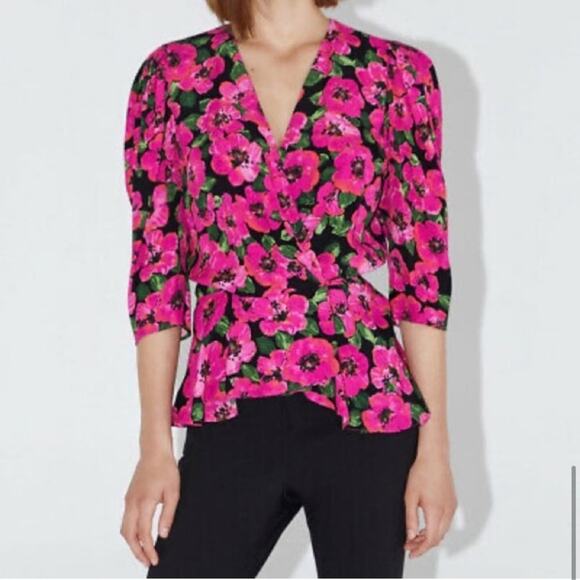 Zara Pink Floral Voluminous Printed Blouse Size Medium - Picture 6 of 8
